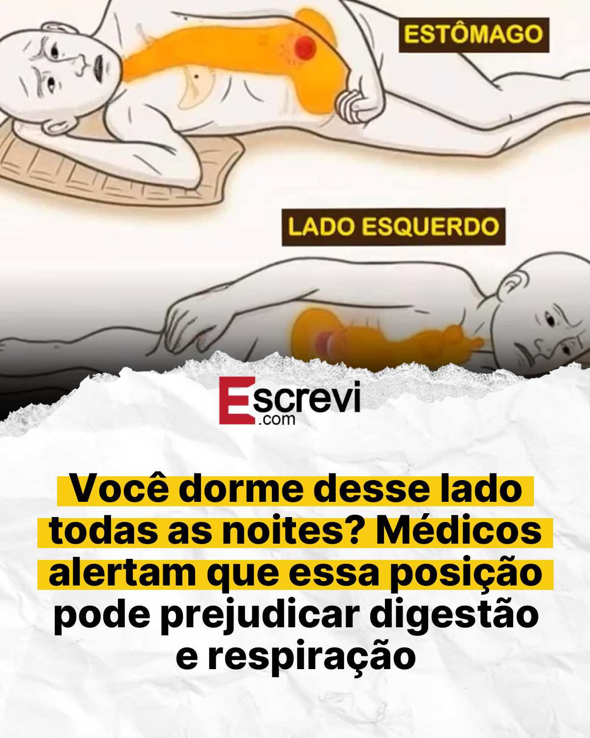 Você dorme desse lado todas as noites? Médicos alertam que essa posição pode prejudicar digestão e respiração card branco