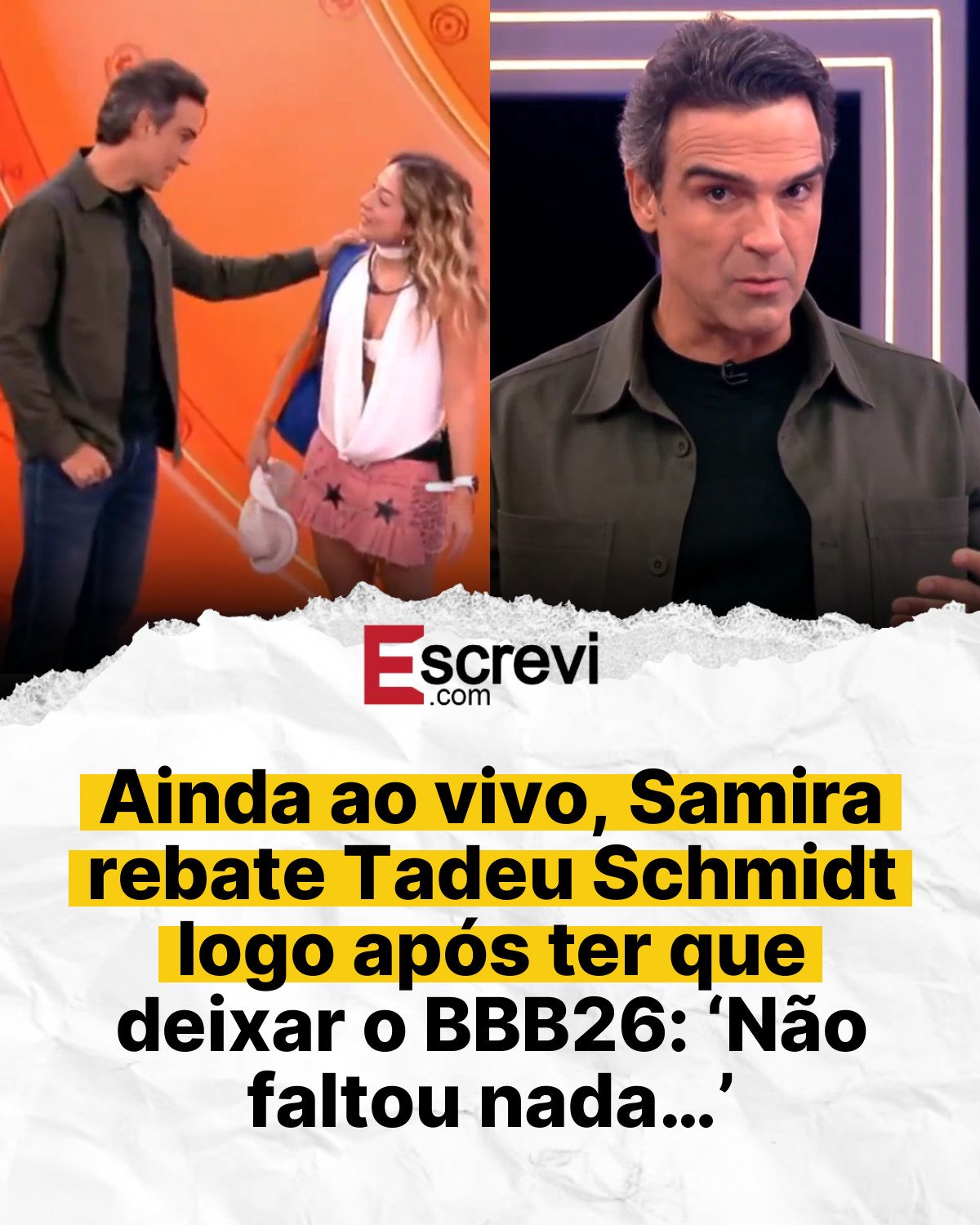 Ainda ao vivo, Samira rebate Tadeu Schmidt logo após ter que deixar o BBB26: ‘Não faltou nada…’ card branco