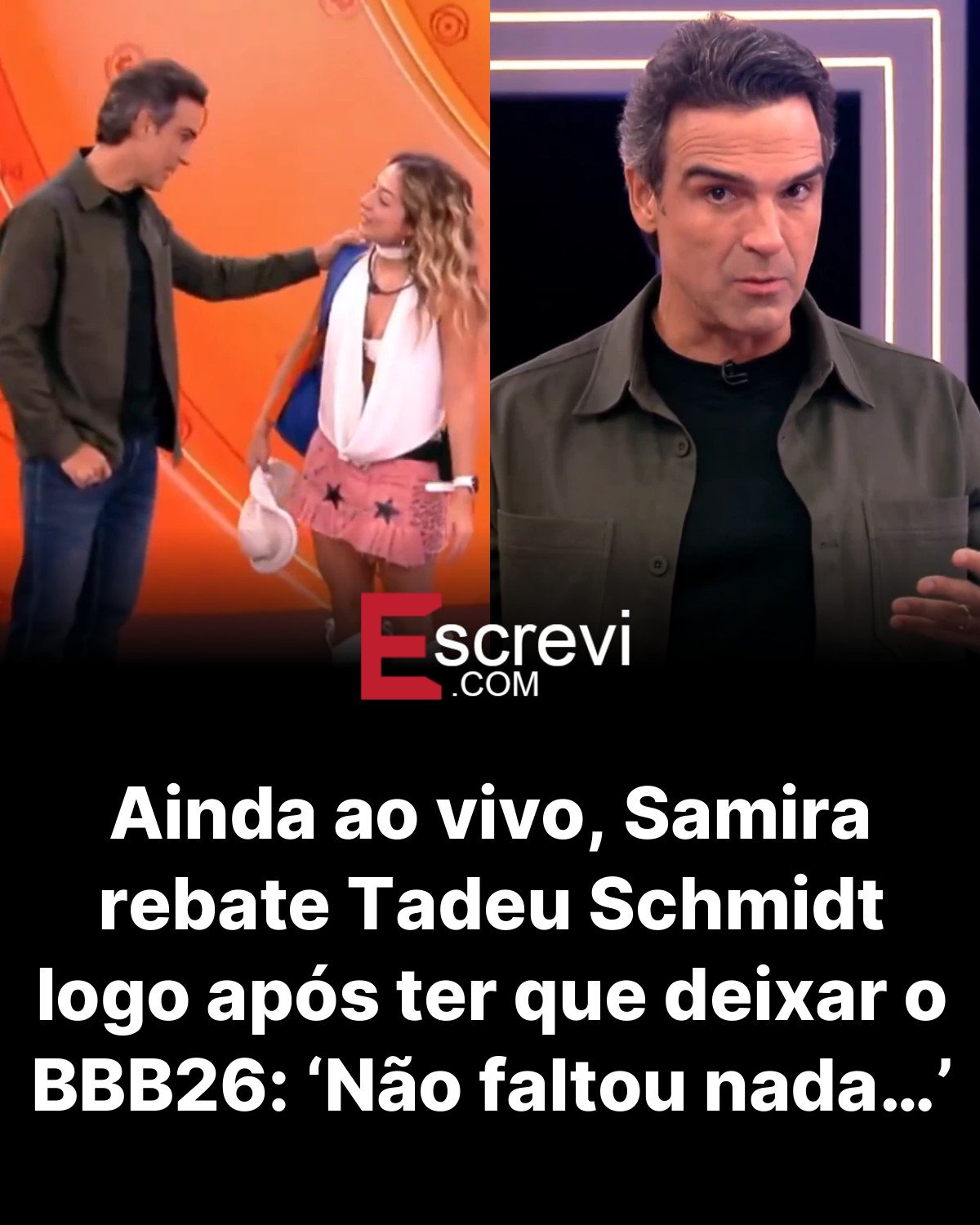 Ainda ao vivo, Samira rebate Tadeu Schmidt logo após ter que deixar o BBB26: ‘Não faltou nada…’ card preto