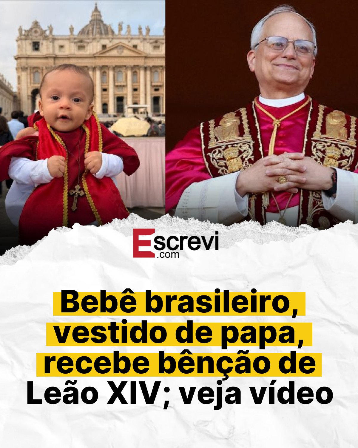 Bebê brasileiro, vestido de papa, recebe bênção de Leão XIV; veja vídeo card branco