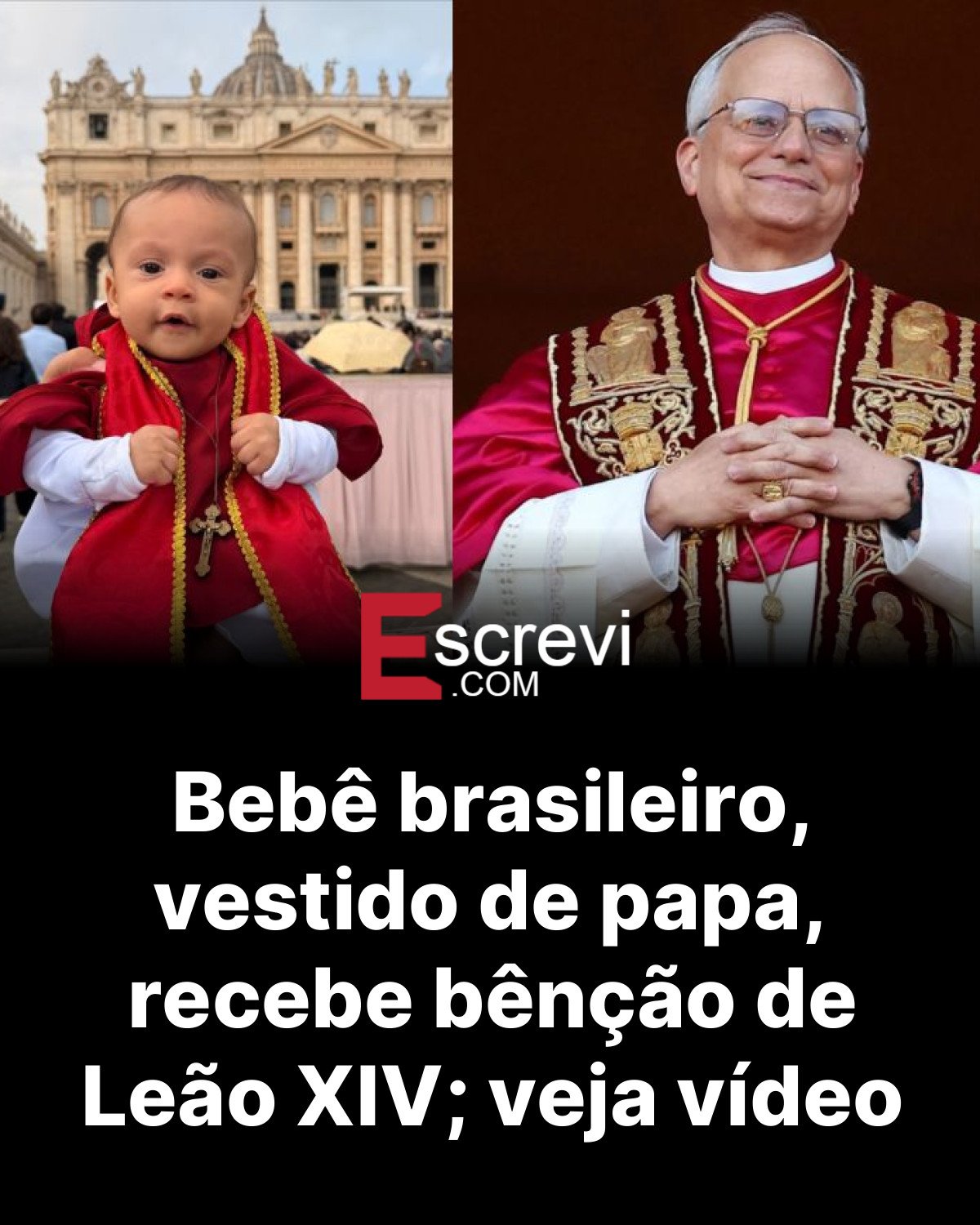 Bebê brasileiro, vestido de papa, recebe bênção de Leão XIV; veja vídeo card preto