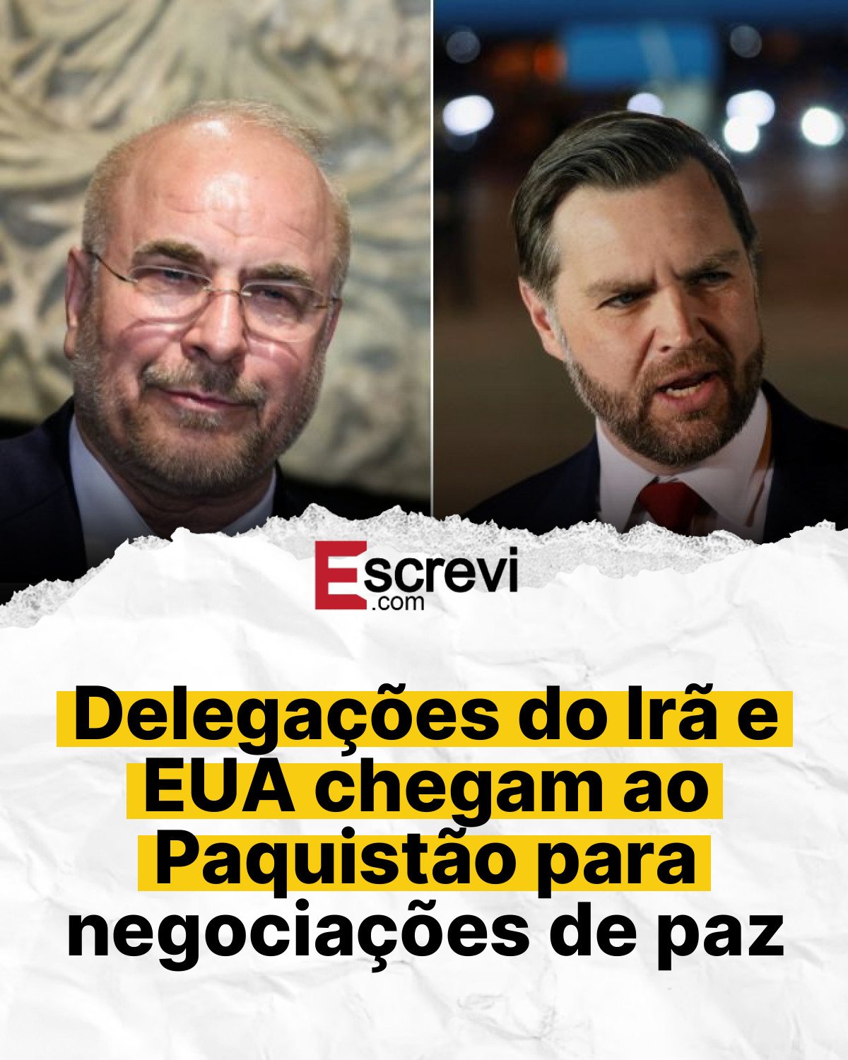 Delegações do Irã e EUA chegam ao Paquistão para negociações de paz card branco