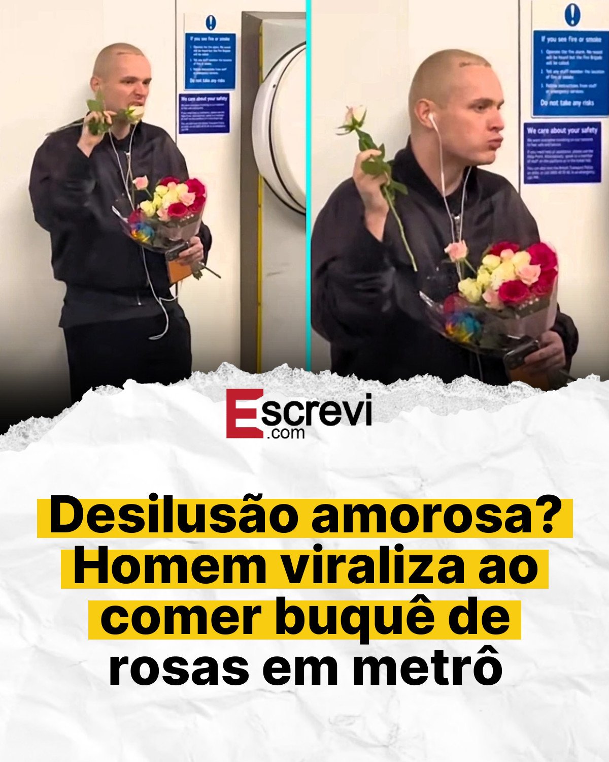 Desilusão amorosa? Homem viraliza ao comer buquê de rosas em metrô card branco