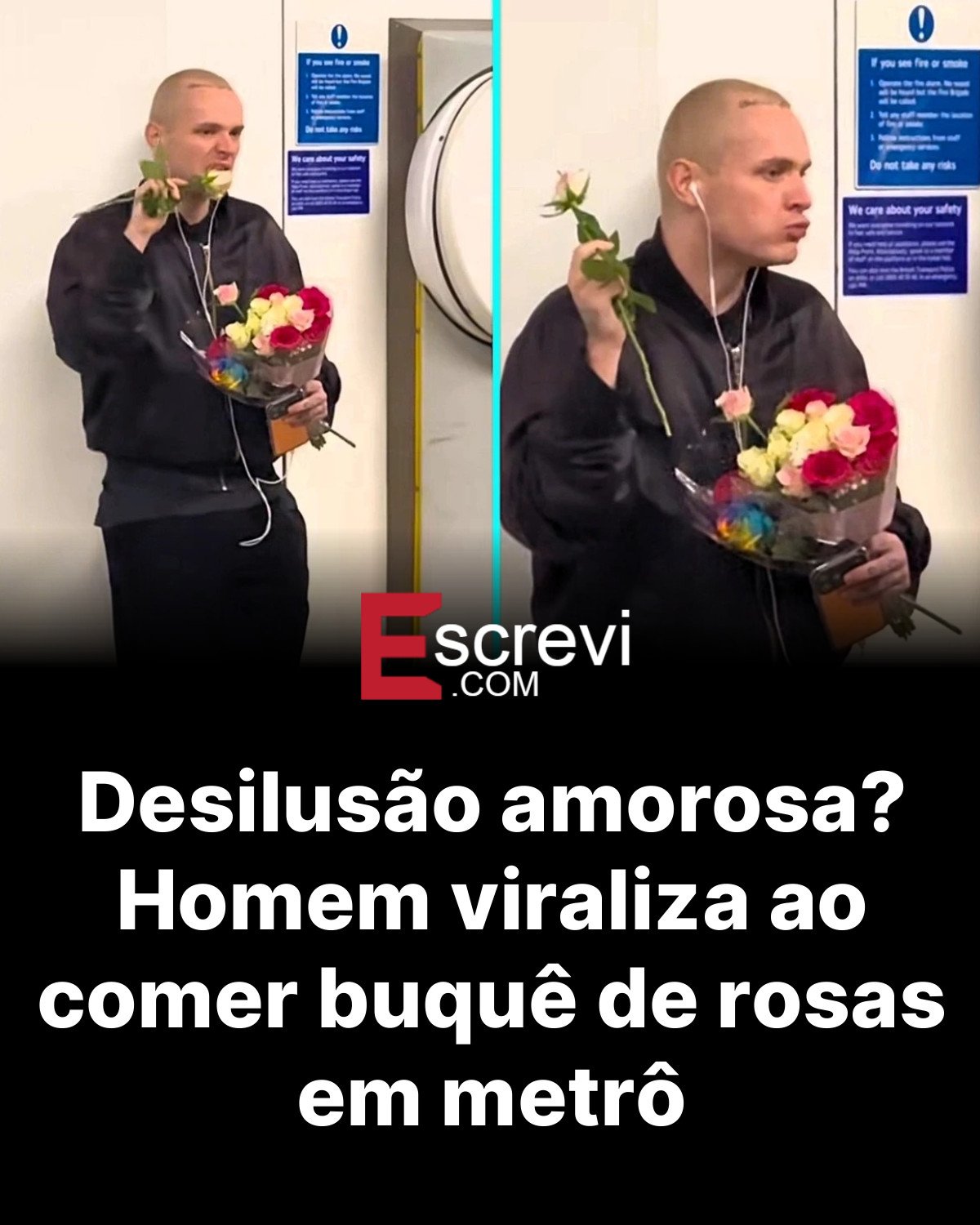 Desilusão amorosa? Homem viraliza ao comer buquê de rosas em metrô card preto