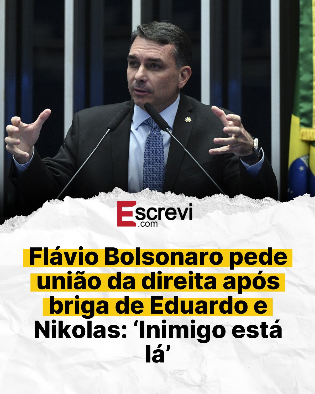 Flávio Bolsonaro pede união da direita após briga de Eduardo e Nikolas: ‘Inimigo está lá’ card branco