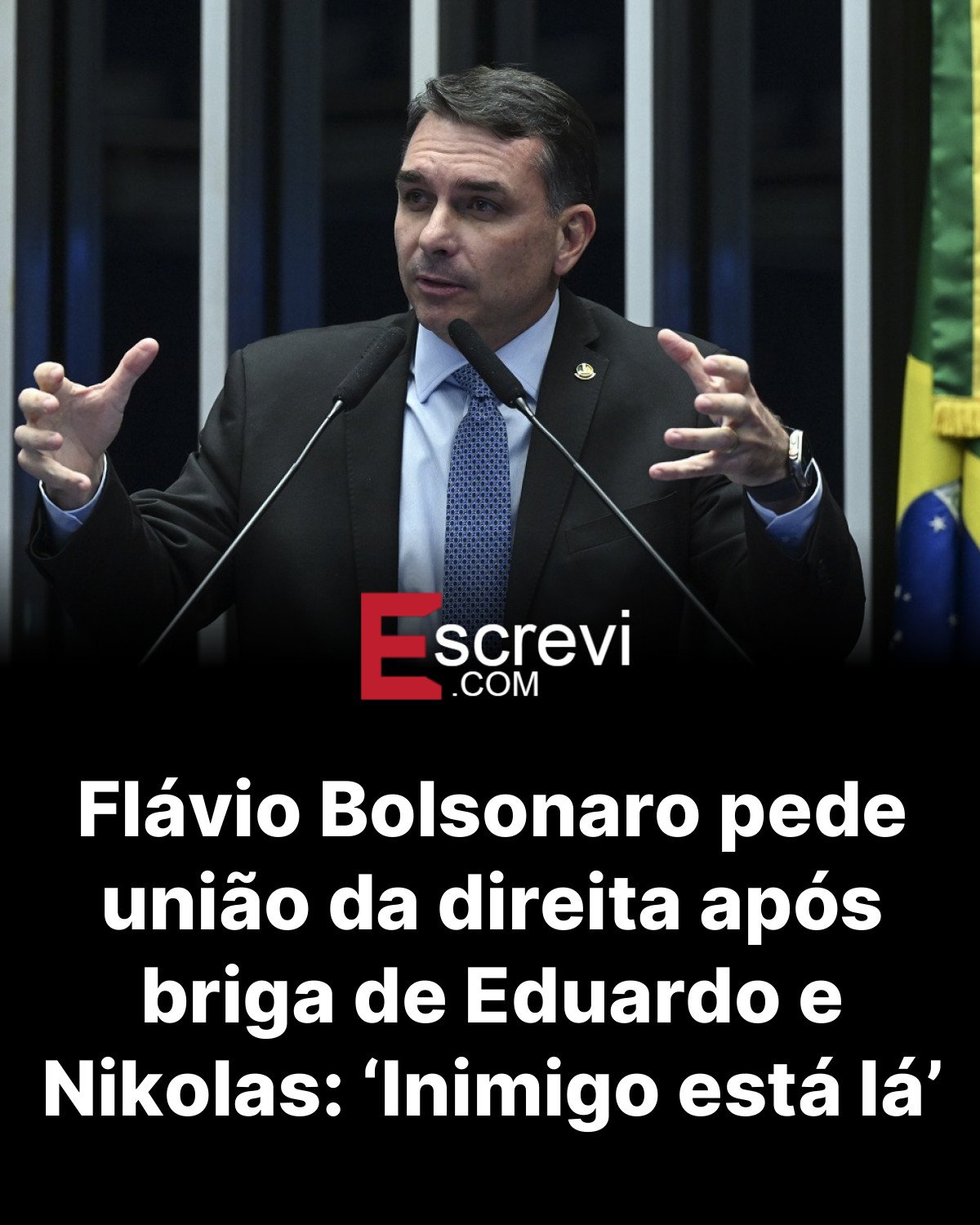 Flávio Bolsonaro pede união da direita após briga de Eduardo e Nikolas: ‘Inimigo está lá’ card preto