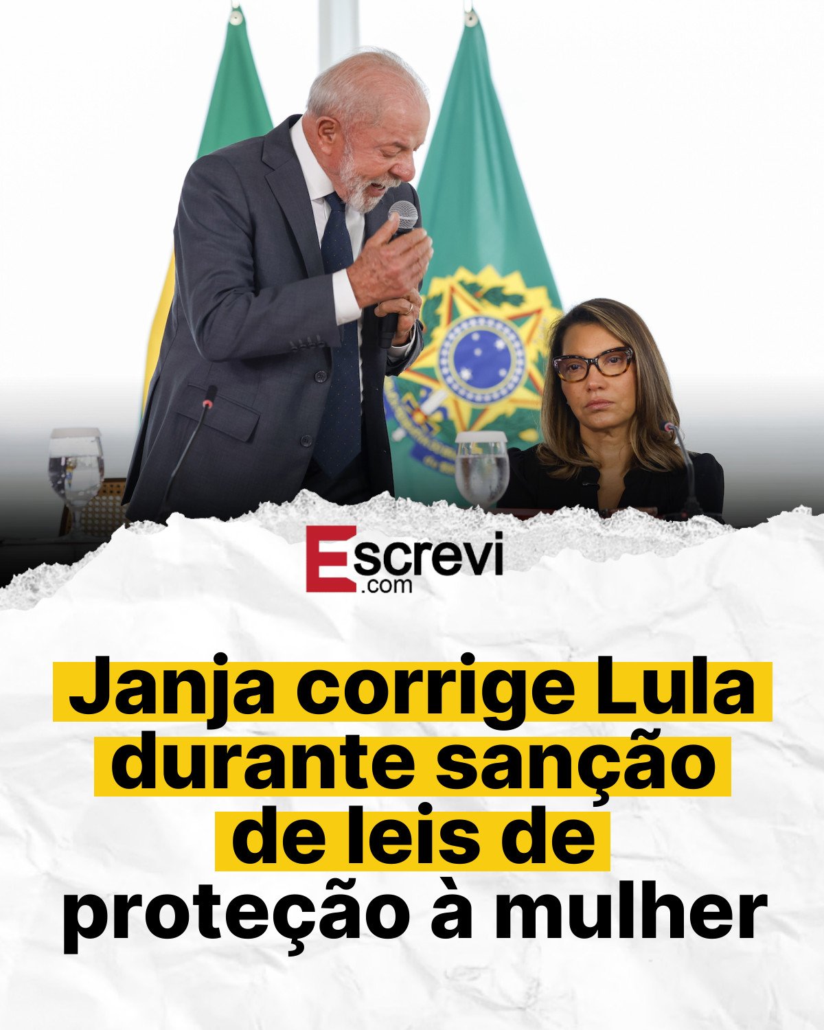 Janja corrige Lula durante sanção de leis de proteção à mulher card branco