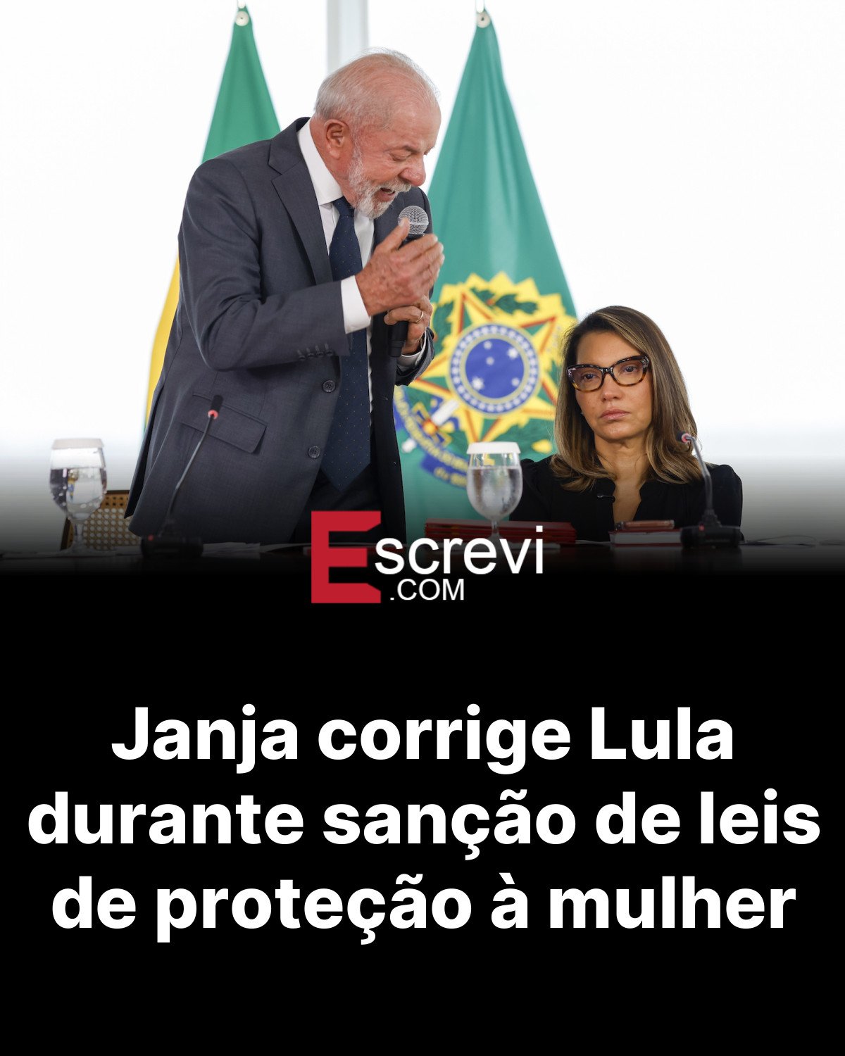 Janja corrige Lula durante sanção de leis de proteção à mulher card preto
