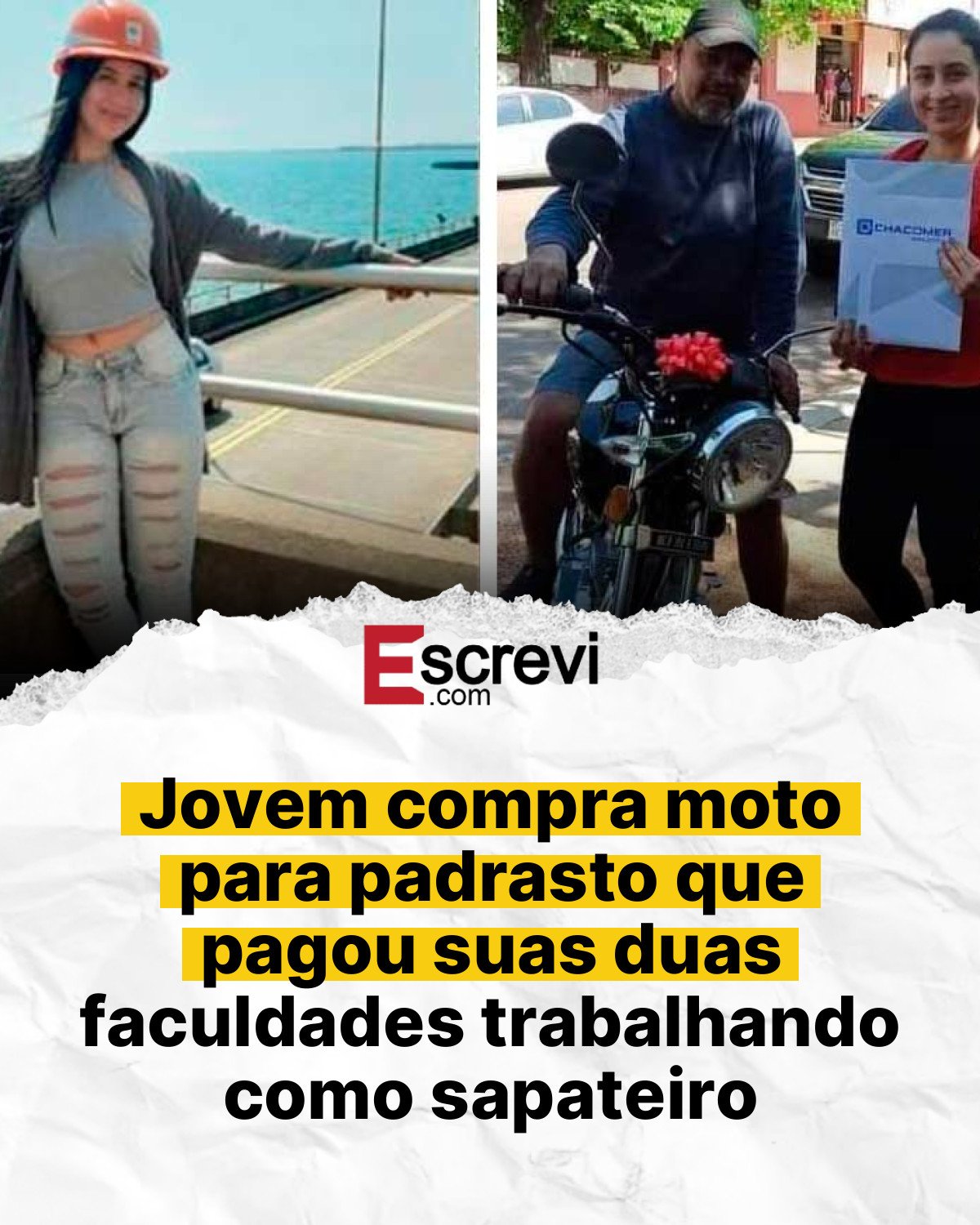 Jovem compra moto para padrasto que pagou suas duas faculdades trabalhando como sapateiro card branco