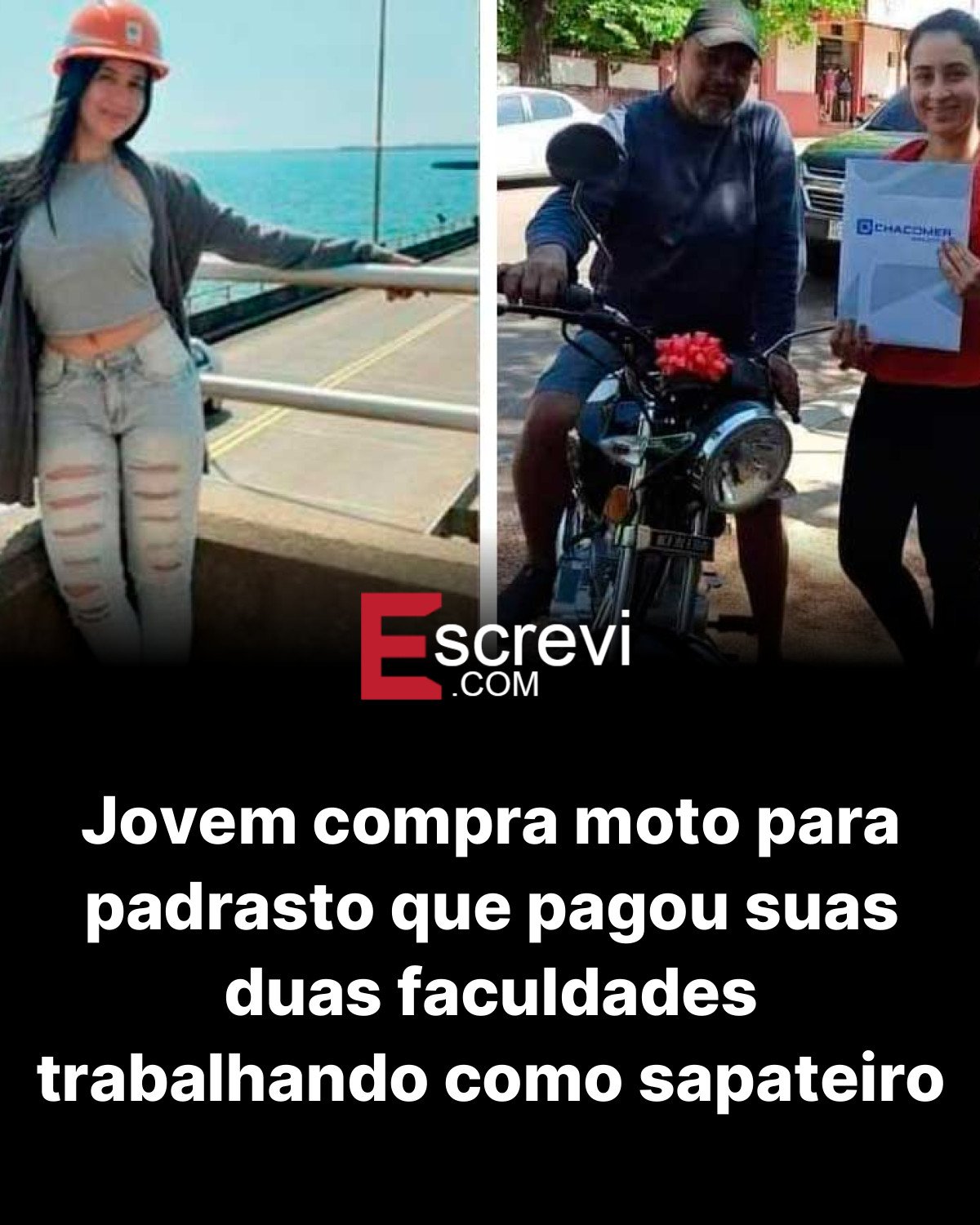 Jovem compra moto para padrasto que pagou suas duas faculdades trabalhando como sapateiro card preto