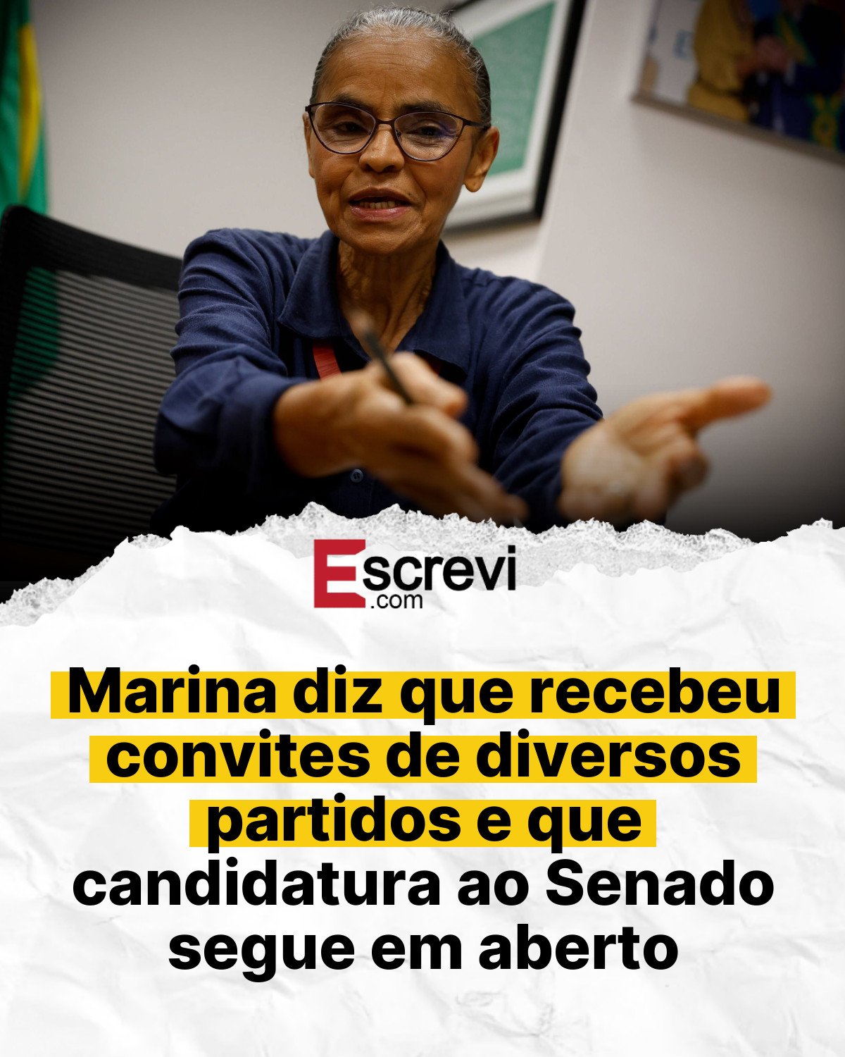 Marina diz que recebeu convites de diversos partidos e que candidatura ao Senado segue em aberto card branco