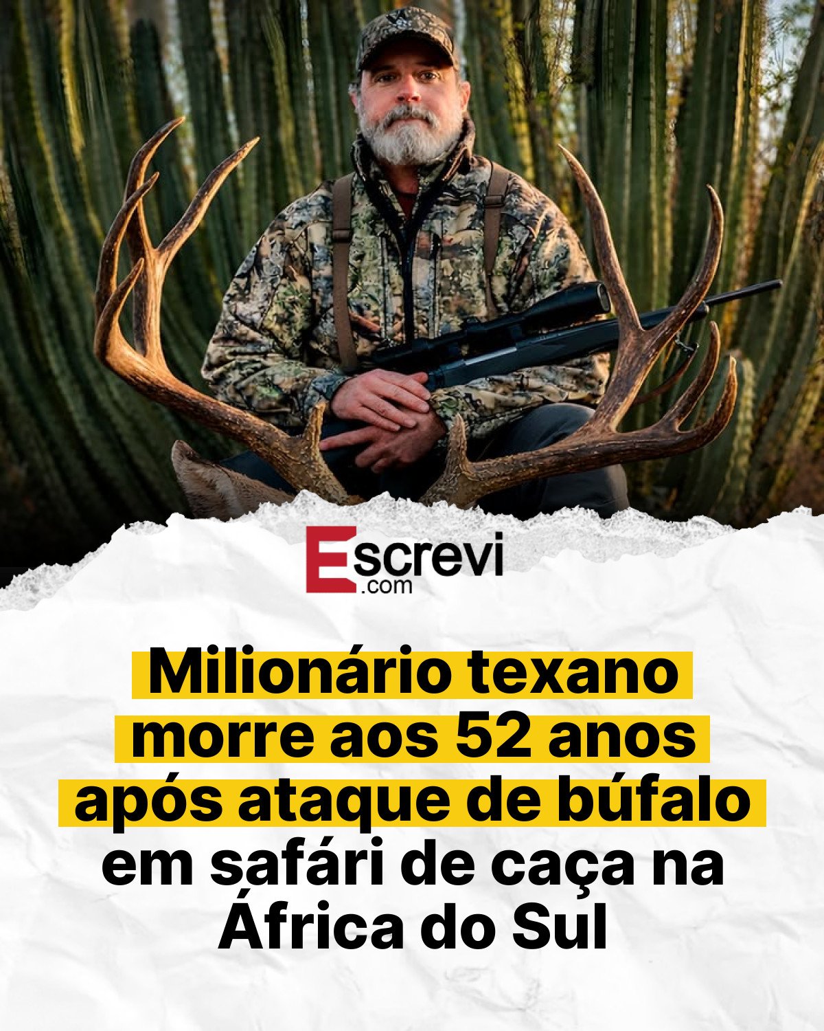 Milionário texano morre aos 52 anos após ataque de búfalo em safári de caça na África do Sul card branco
