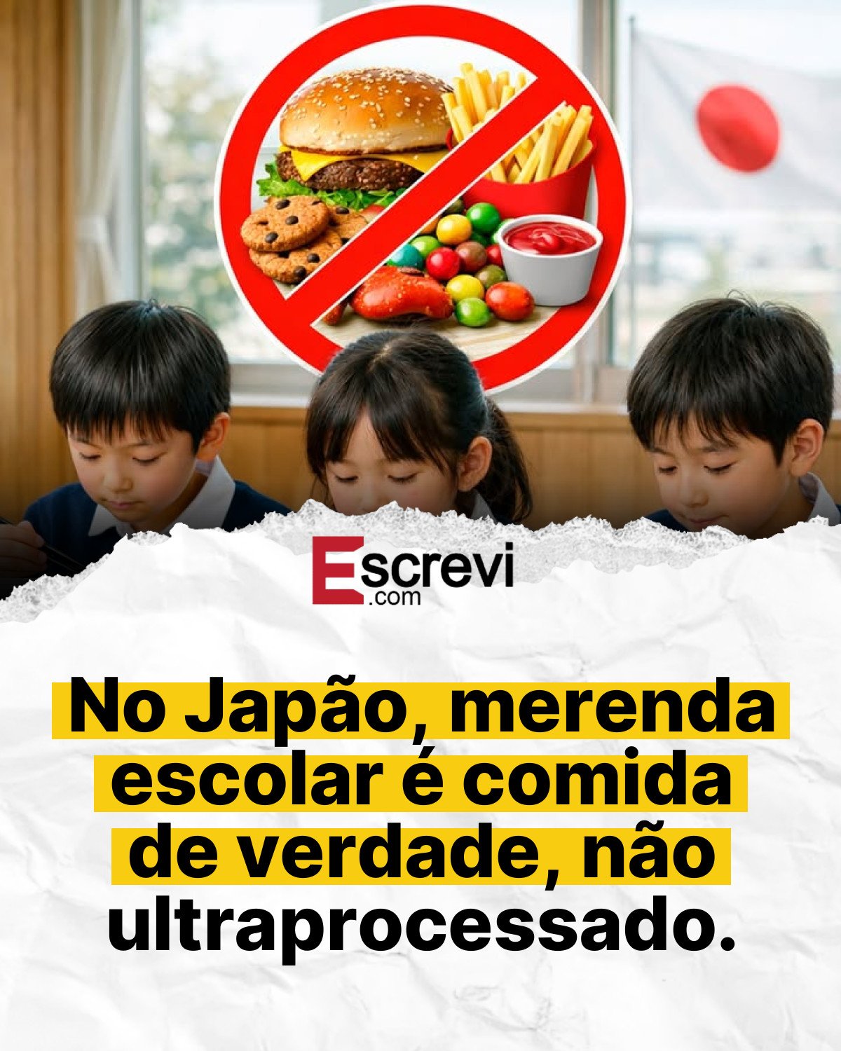 No Japão, merenda escolar é comida de verdade, não ultraprocessado. card branco