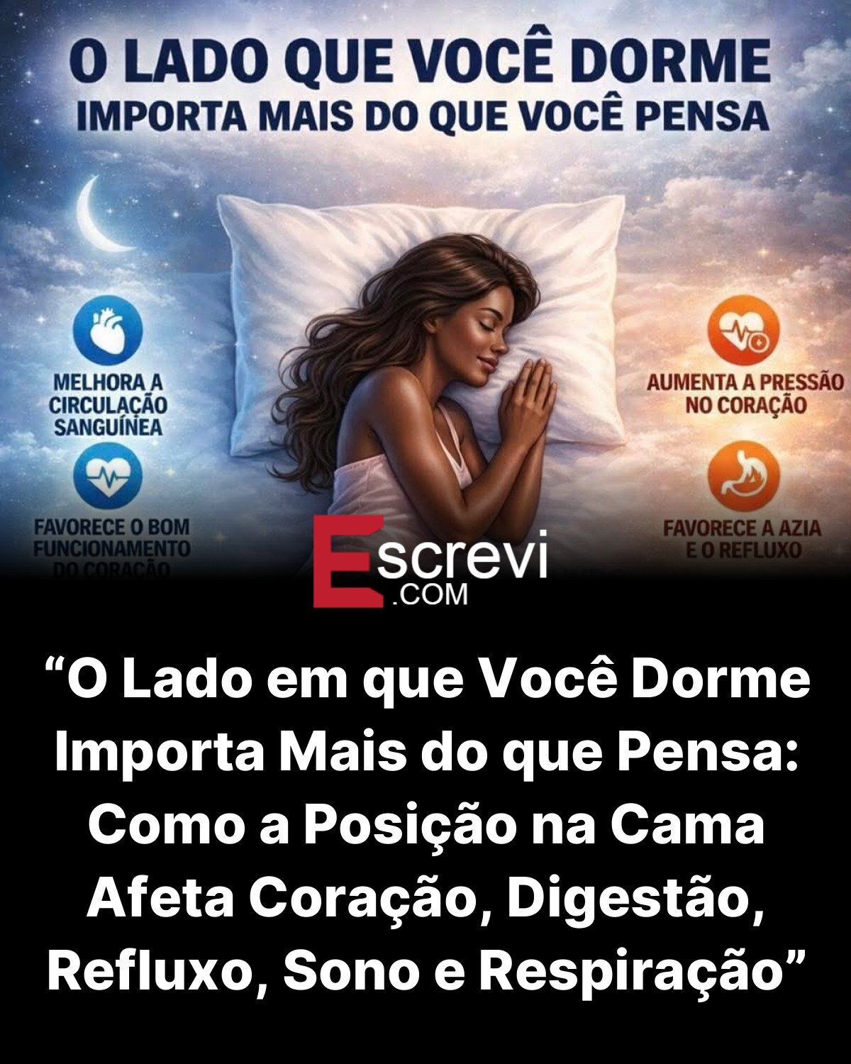 “O Lado em que Você Dorme Importa Mais do que Pensa: Como a Posição na Cama Afeta Coração, Digestão, Refluxo, Sono e Respiração” card preto