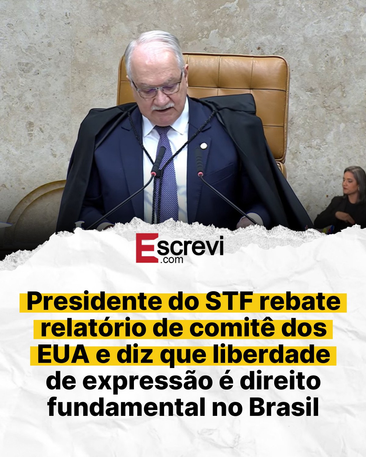 Presidente do STF rebate relatório de comitê dos EUA e diz que liberdade de expressão é direito fundamental no Brasil card branco