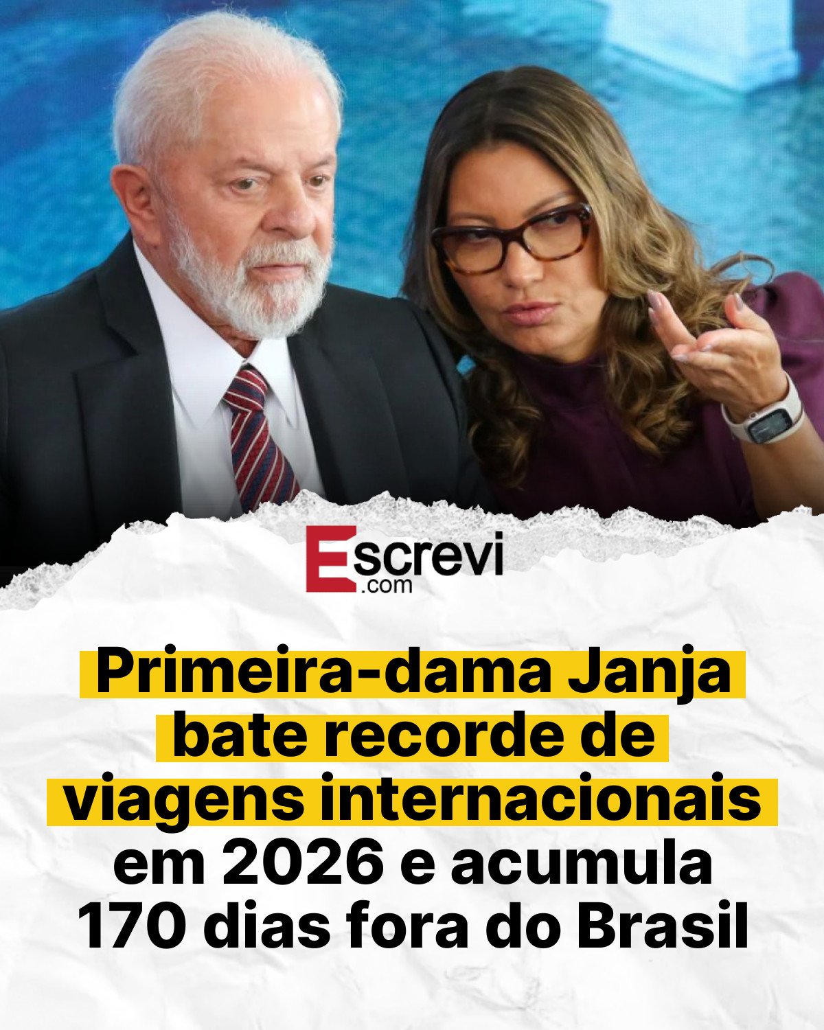 Primeira-dama Janja bate recorde de viagens internacionais em 2026 e acumula 170 dias fora do Brasil card branco