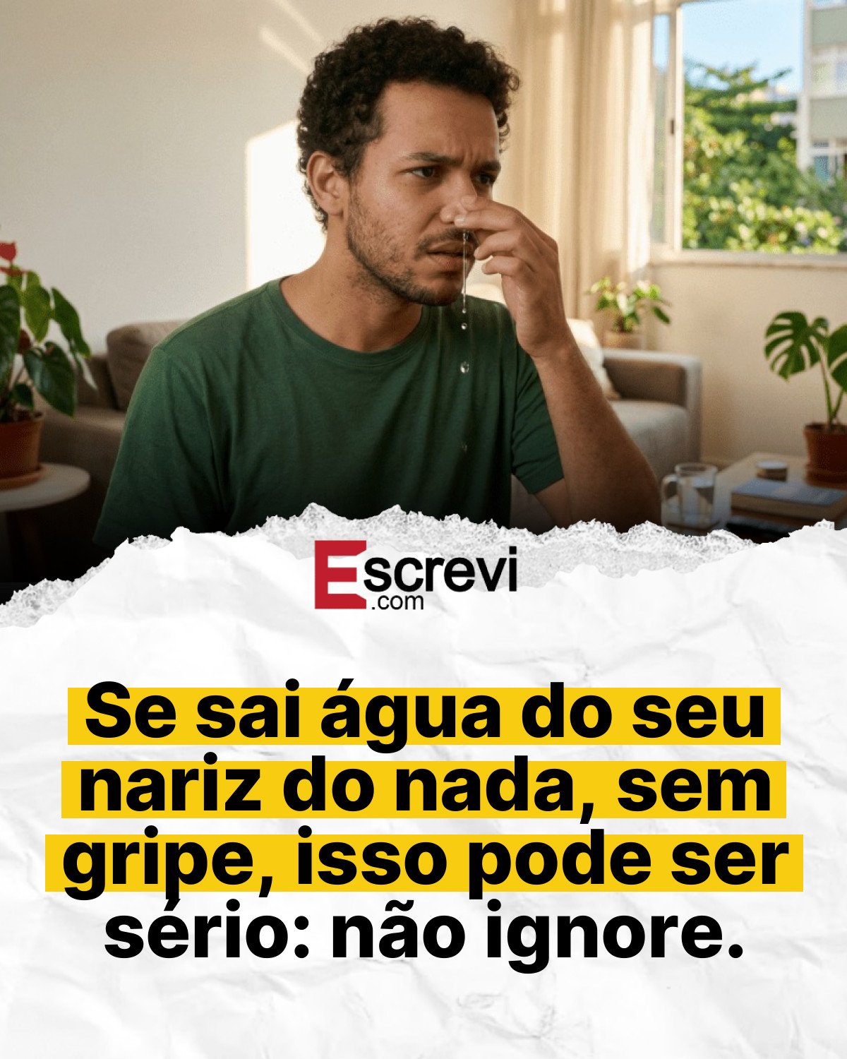 Se sai água do seu nariz do nada, sem gripe, isso pode ser sério: não ignore. card branco