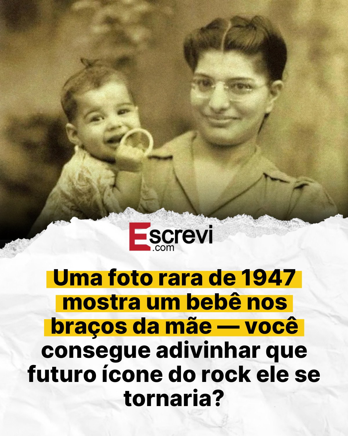 Uma foto rara de 1947 mostra um bebê nos braços da mãe — você consegue adivinhar que futuro ícone do rock ele se tornaria? card branco